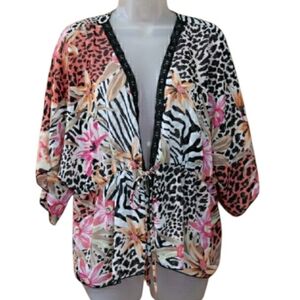 Timing Los Angeles Bright Mixed Animal Print Sheer Cover-Up Tie Waist LG